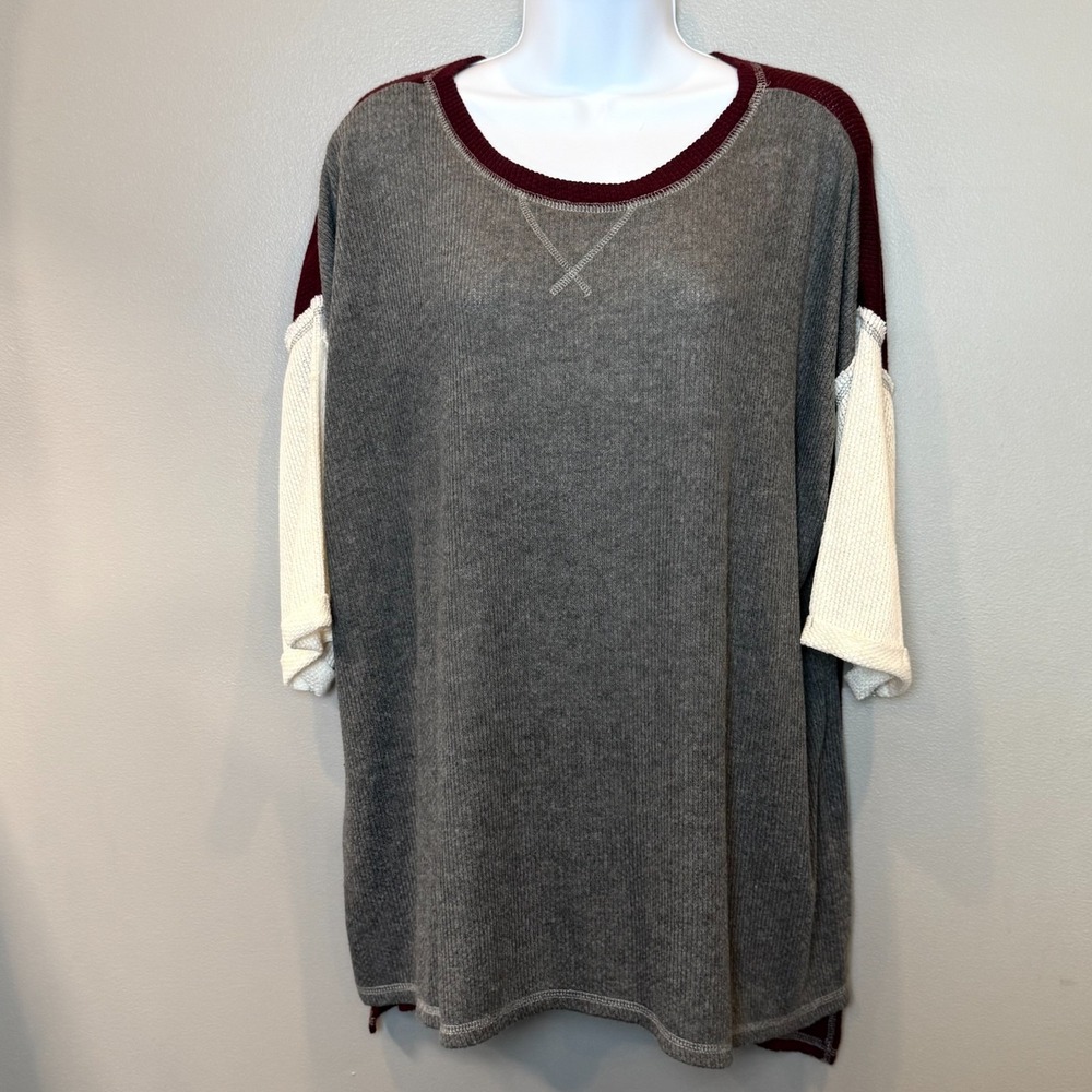 Active Life Colorblock Thermal Knit Tunic Top Gray Burgundy XL NWT